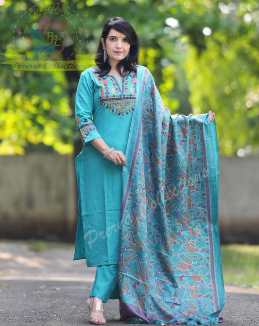 Turquoise Blue Embroidered Cotton Suit Set with Printed Dupatta – Elegant Ethnic Wear for Women