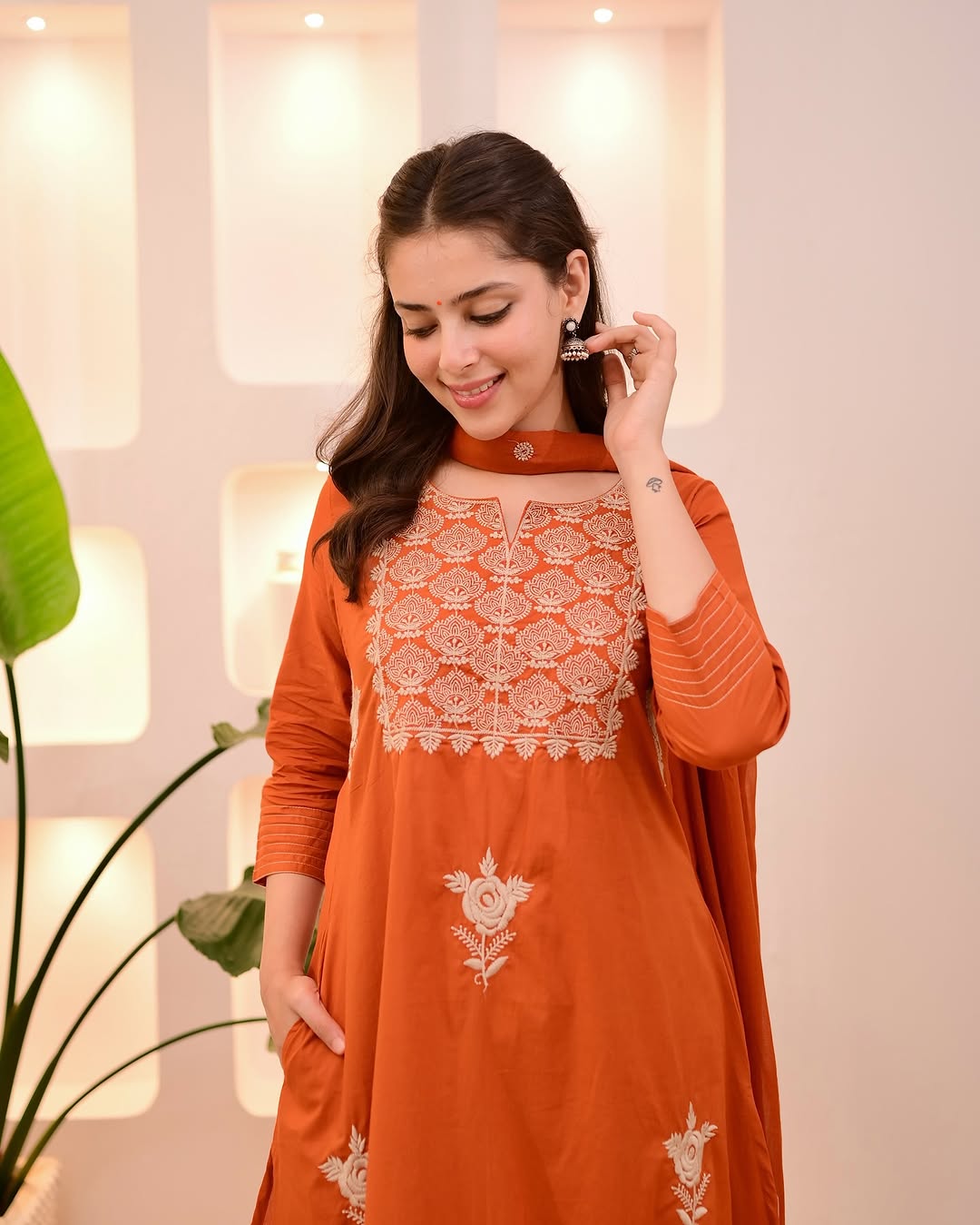 Mocha Orange Threadwork Cotton Suit