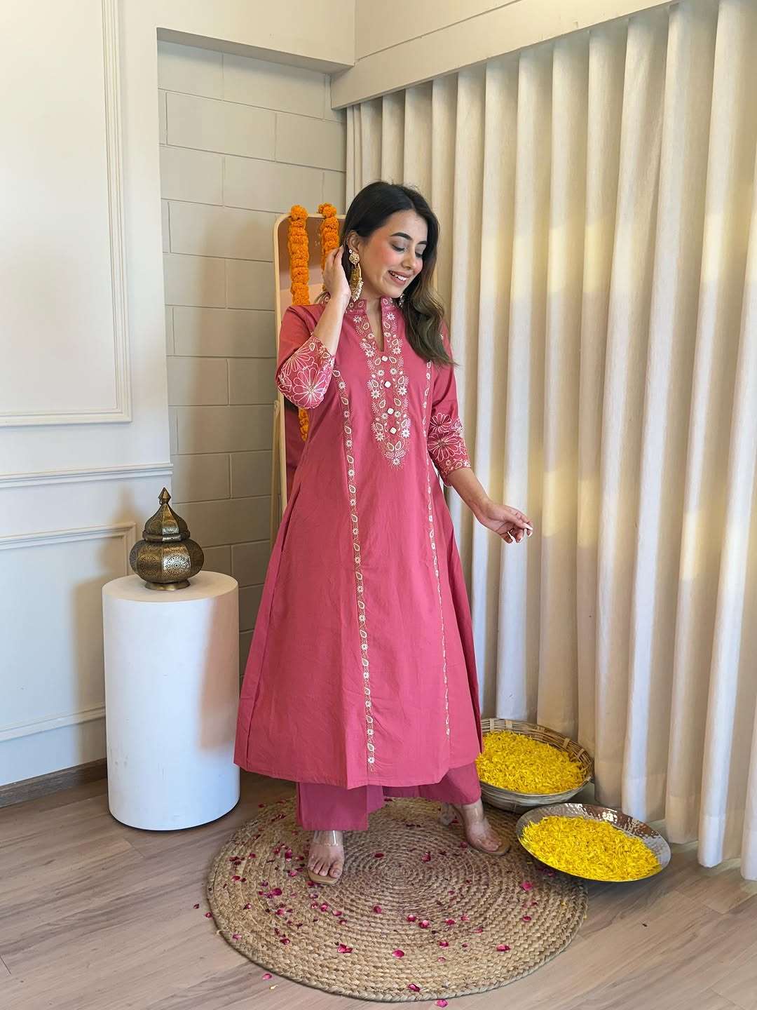 Elegant Rose Pink Embroidered Kurta Set