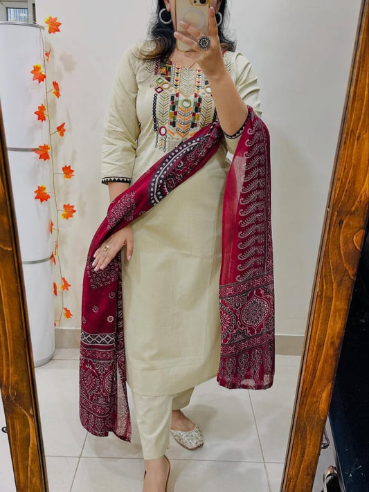 White Hand-Embroidered Kurta Set with Ajrakh Print Dupatta