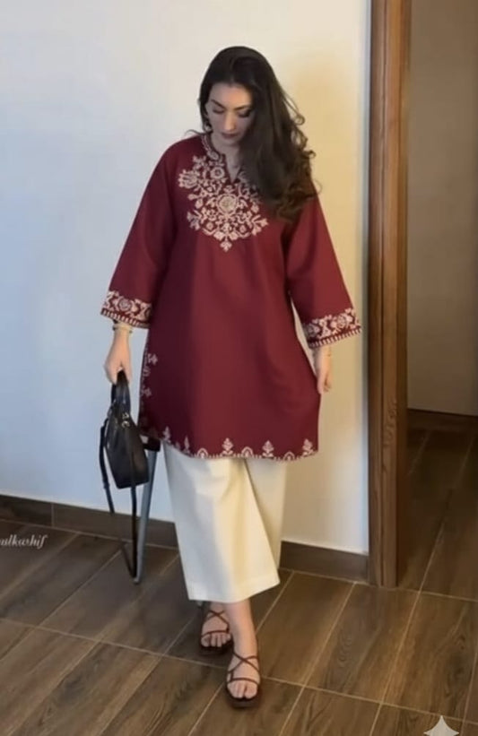 Maroon Embroidered Kurta with Ivory Straight Pants