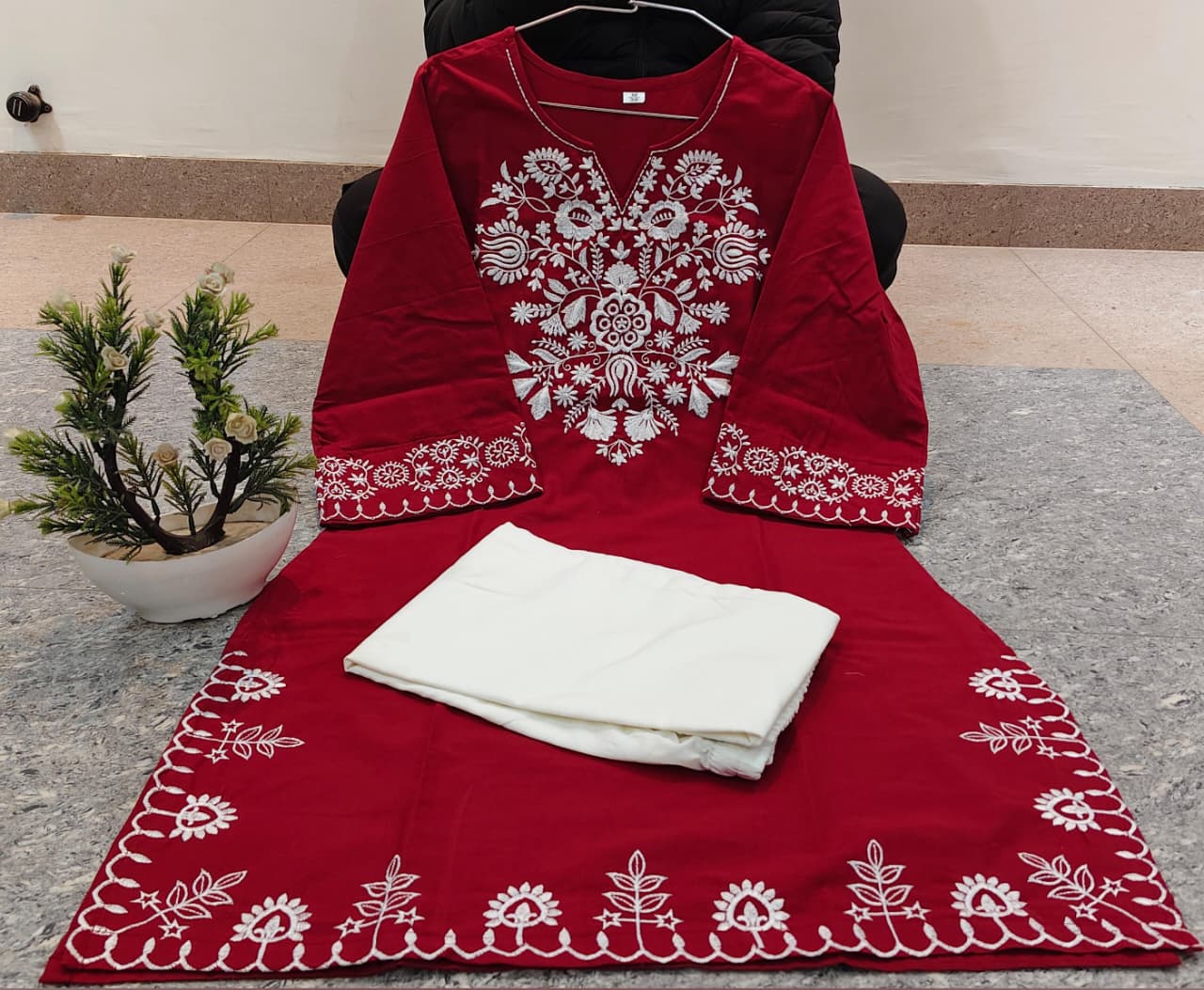 Maroon Embroidered Kurta with Ivory Straight Pants